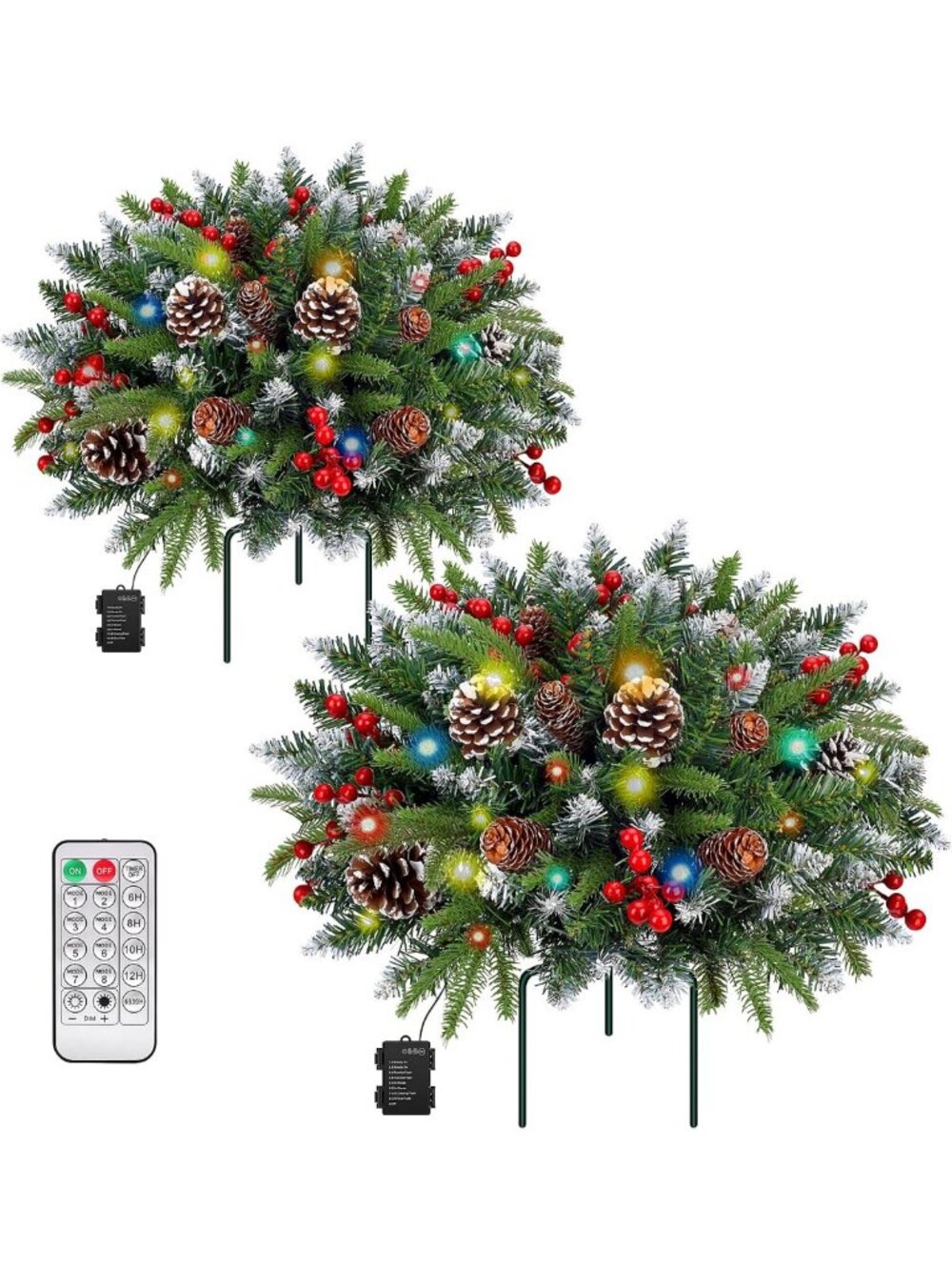 Set of 2 Outdoor Christmas Planter Fillers with Timer & Multi-Color Lights